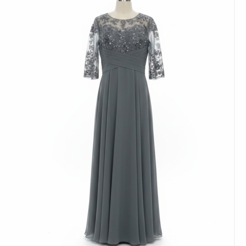 Elegant Silver Beaded Evening Gown - Women's Formal Dress